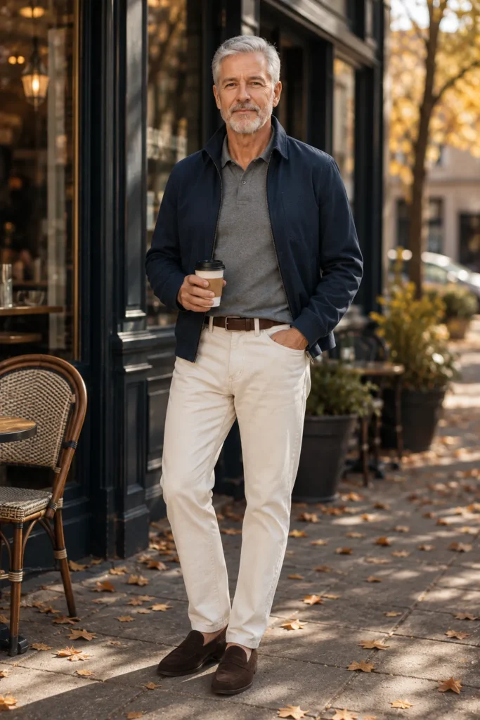 photograph featuring a distinguished 61-year-old mature man with short silver-gray hair, neatly trimmed gray beard