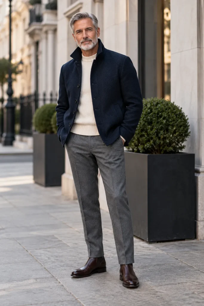 man with short silver-grey hair and a neatly trimmed salt-and-pepper beard. He wears a navy wool jacket with a structured high collar,