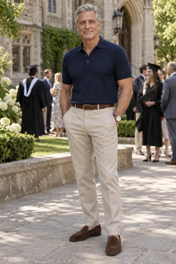 photograph of a distinguished 58-year-old man attending his child's daytime university graduation