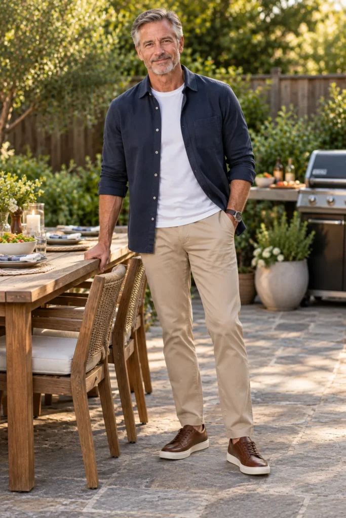 photograph of a confident 58-year-old man with short salt-and-pepper hair standing in a backyard as the afternoon begins to cool. 