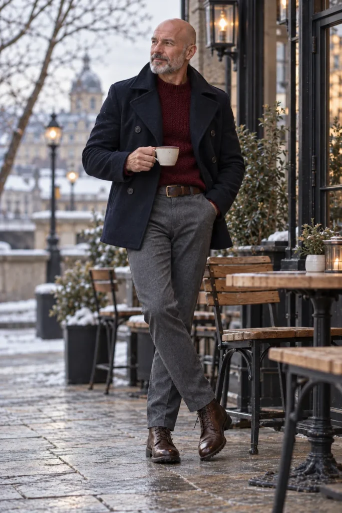 photograph of a stylish 59-year-old bald man with a neatly trimmed gray beard wearing a classic navy peacoat over a deep burgundy knit sweater