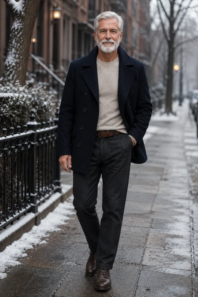 photograph featuring a distinguished 70-year-old mature man with short silver-white hair, full neatly groomed white beard