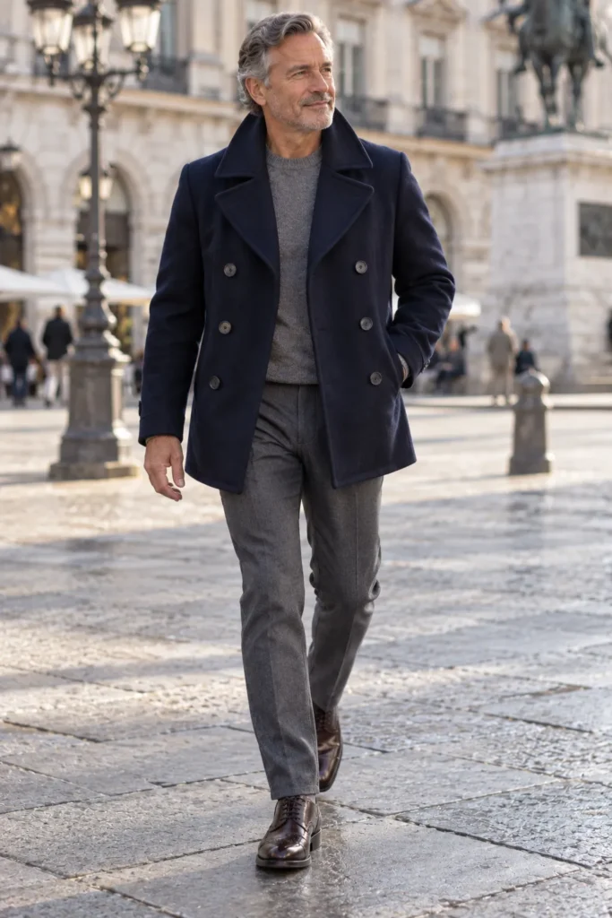 photograph of a mature man around 57 wearing a deep navy double-breasted peacoat over a medium-gray crewneck sweater
