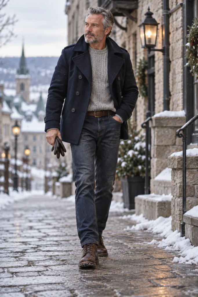 photograph of a distinguished 60-year-old man with short gray hair and a neatly trimmed beard wearing a classic navy wool peacoat over a light gray chunky knit sweater