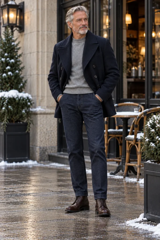 photograph featuring a stylish 58-year-old man with short salt-and-pepper hair and a neatly trimmed beard