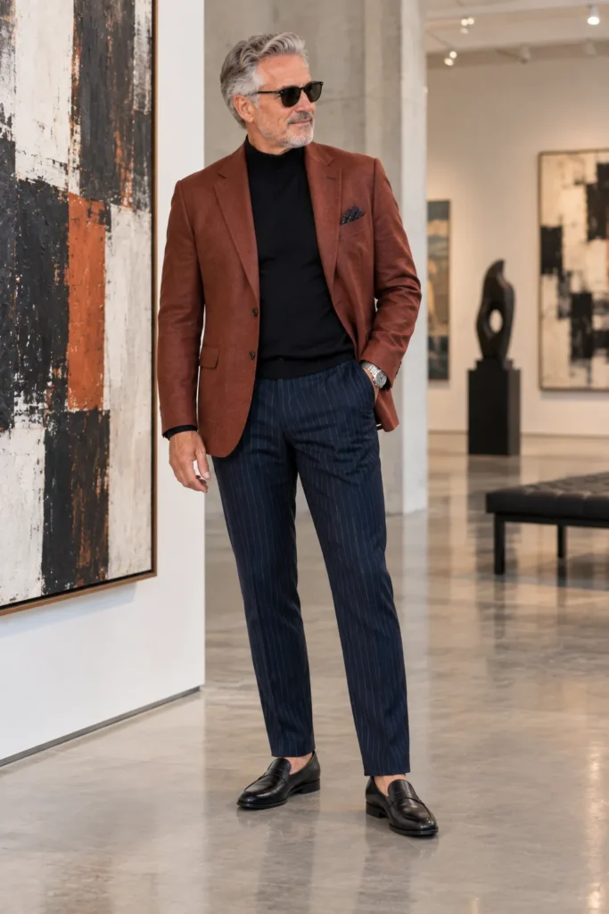 hotograph featuring a stylish man around 60 with a natural fuller stomach standing full body in a contemporary art gallery
