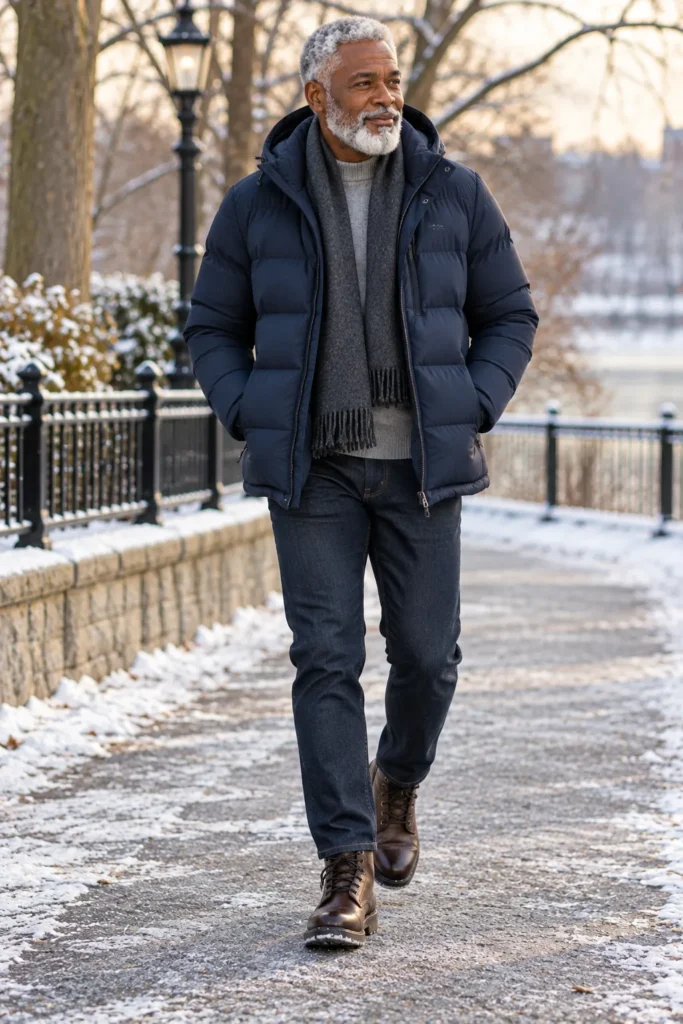 photorealistic winter menswear photograph featuring a 60-year-old man with short silver hair and a close-cropped gray bear