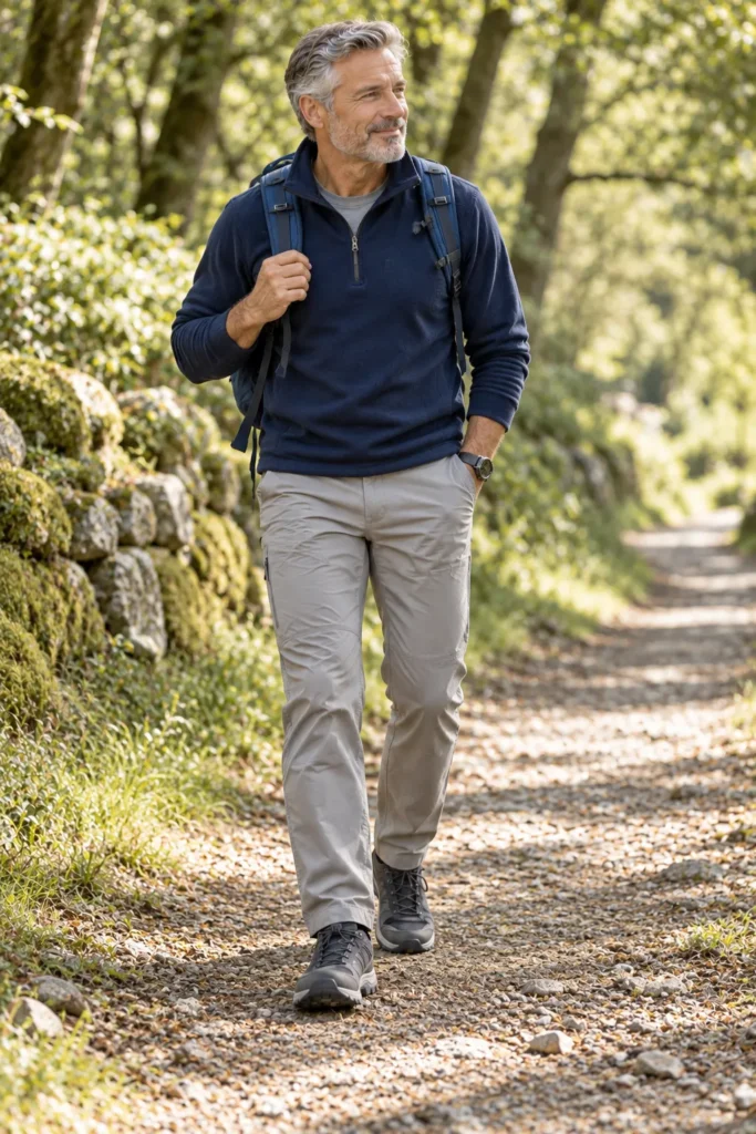 photograph of a 58-year-old man with silver hair wearing a navy quarter-zip fleece, light gray technical hiking trousers