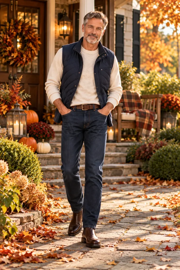 photograph featuring a stylish 58-year-old man with short salt-and-pepper hair and a neatly trimmed beard.