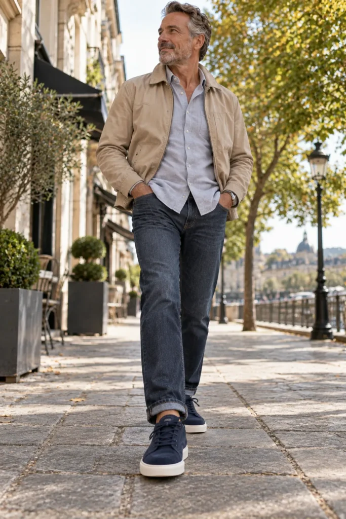 photograph of a mature man around 56 wearing navy suede sneakers with dark blue jeans
