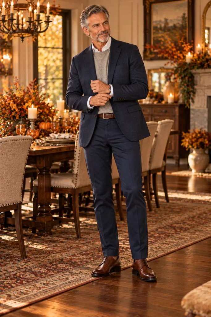 photograph featuring a stylish 56-year-old man with short salt-and-pepper hair and a neatly trimmed beard