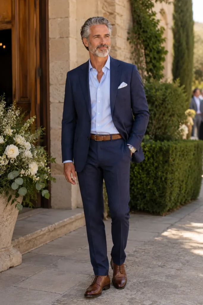 photo of a handsome 55-year-old man with silver-grey hair and neatly trimmed grey beard wearing a perfectly fitted navy blue two-piece suit