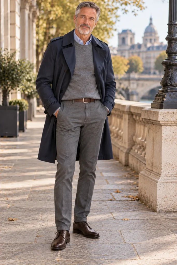 photograph of a stylish mature man around 58 with short grey hair and a neatly trimmed beard