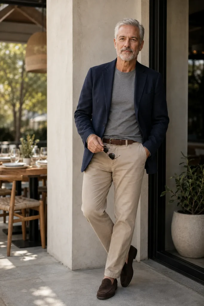 photograph featuring a distinguished 61-year-old mature man with short neatly styled silver hair