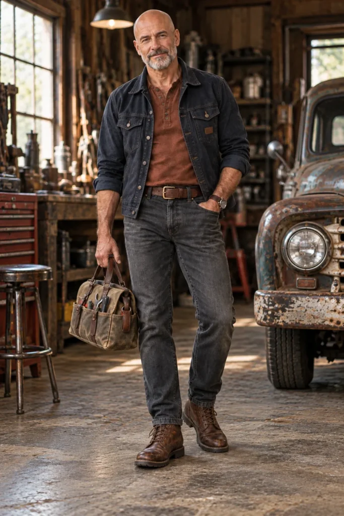 photograph featuring a rugged 57-year-old bald man with a neatly trimmed salt-and-pepper beard.