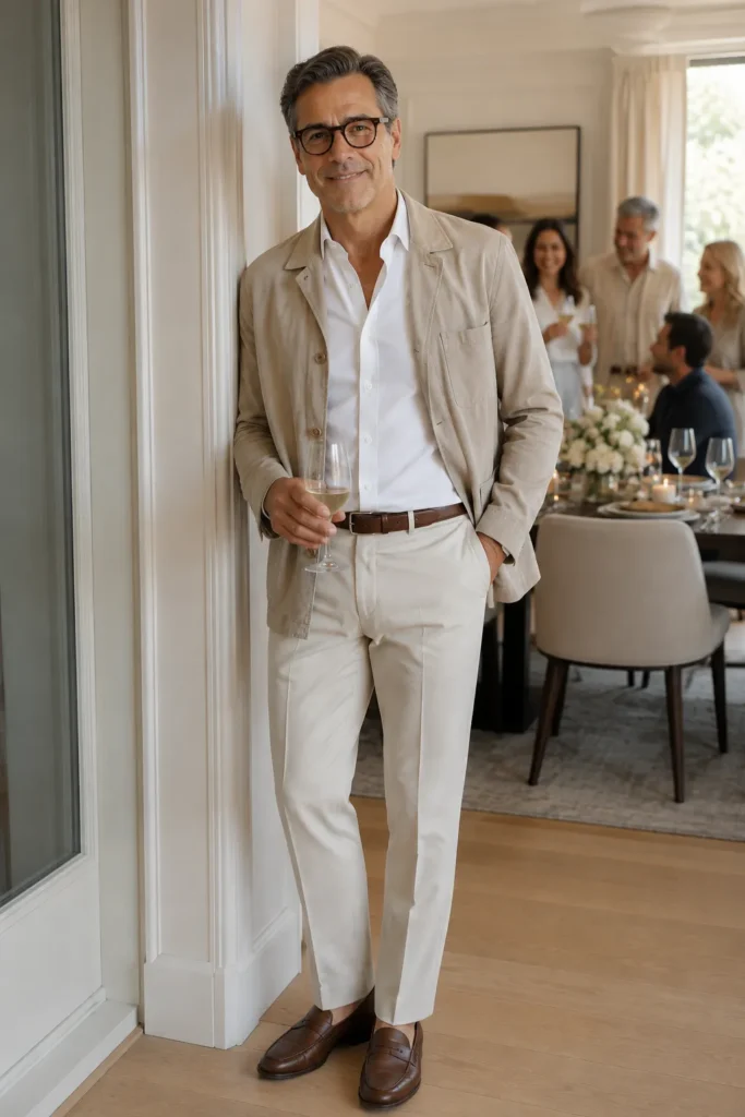 photo of a confident man around 50 wearing a refined neutral birthday outfit. He has cream tailored trousers