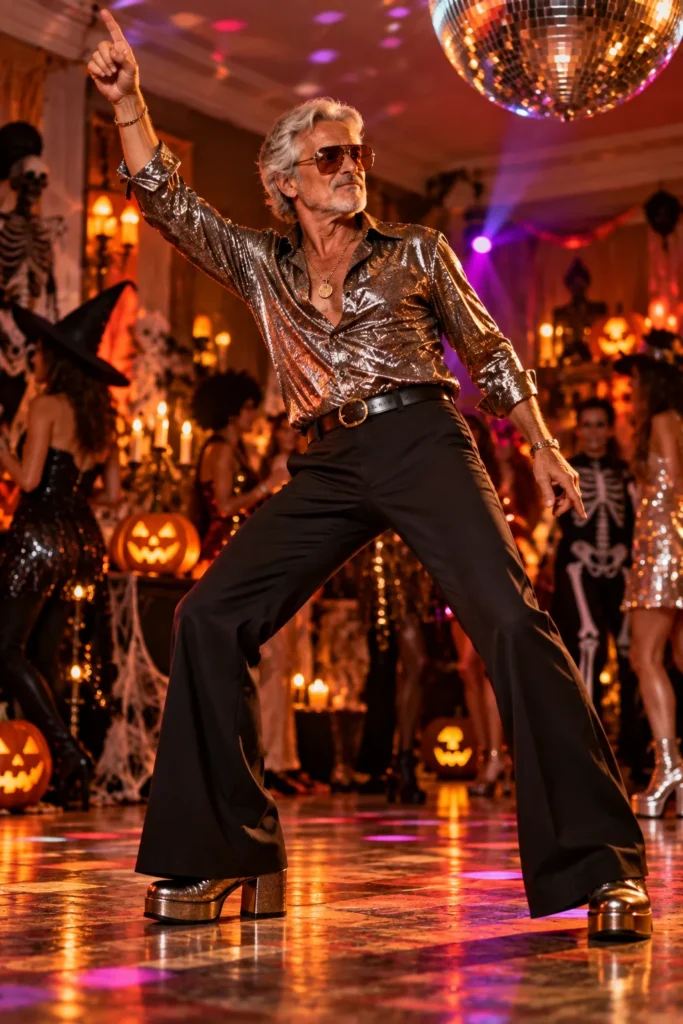 photograph featuring a different 60-year-old man with short silver-gray hair and a neatly trimmed beard dressed as an old-school disco dancer