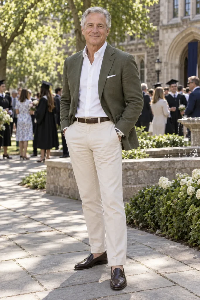 photograph of a distinguished 61-year-old man at an outdoor university graduation ceremony