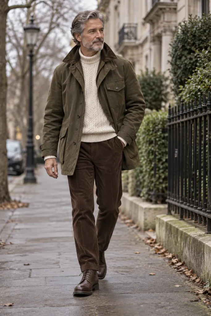 photograph of a mature man around 55 wearing a sophisticated olive field coat over a thick cream knit sweater