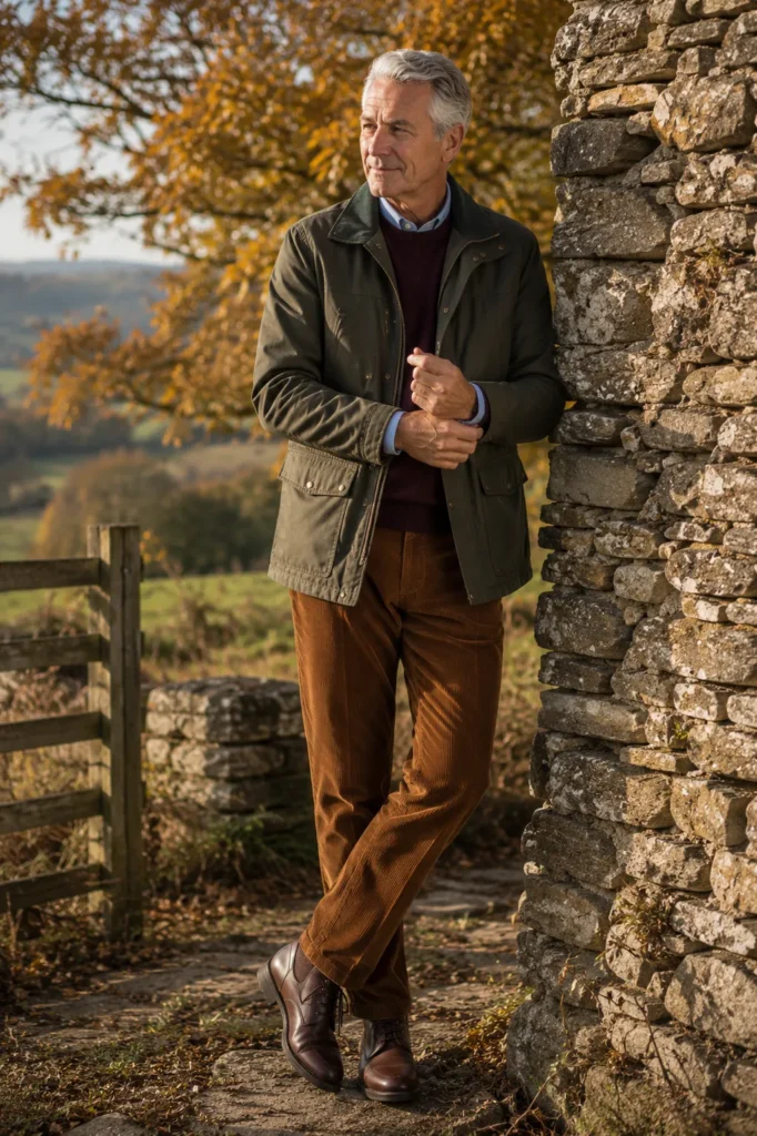 photograph of a confident 60-year-old man wearing an olive green field jacket over a rich burgundy crewneck sweater and light blue shirt