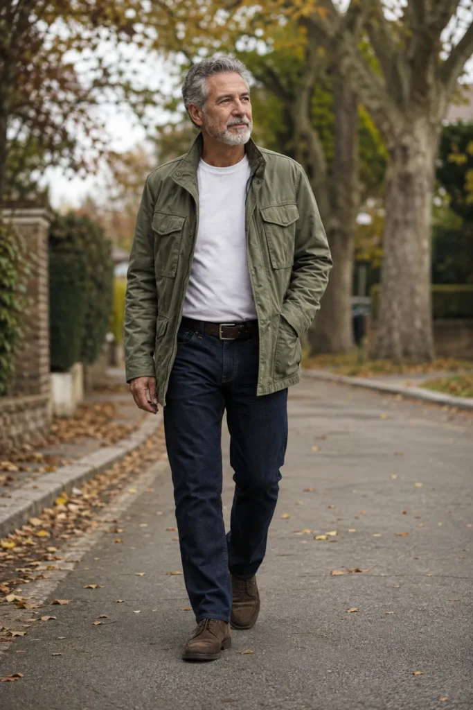 photograph featuring a 65-year-old mature man with a sturdy natural build, short salt-and-pepper hair, short grey beard, light-medium skin