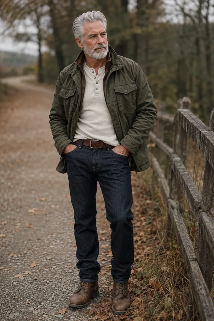 photograph featuring a confident 62-year-old mature man with a natural broad build, short neatly styled silver hair