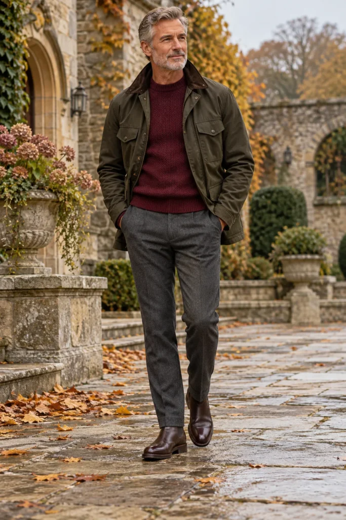 Olive Field Jacket With a Burgundy Sweater and Charcoal Trousers