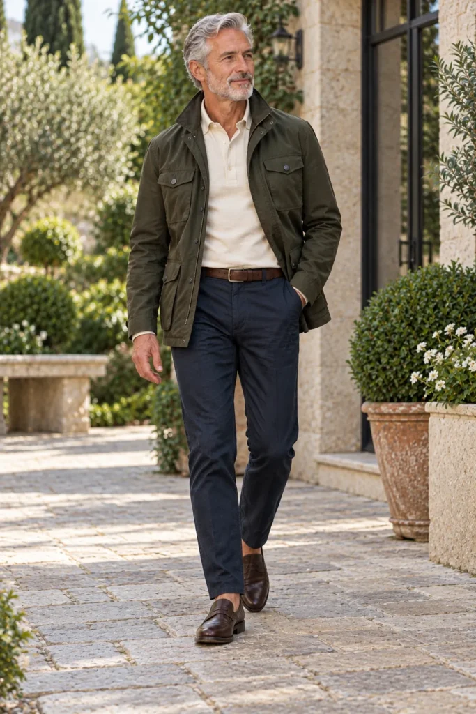 Olive Field Jacket With a Cream Polo and Navy Chinos