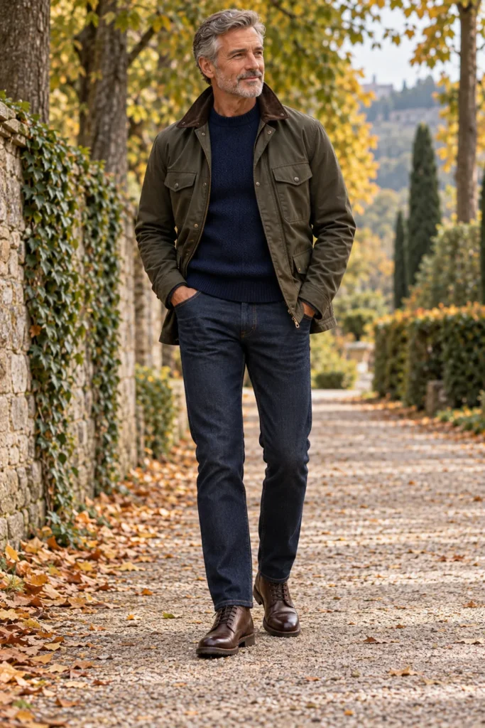 Olive Field Jacket With a Navy Sweater and Straight-Leg Jeans