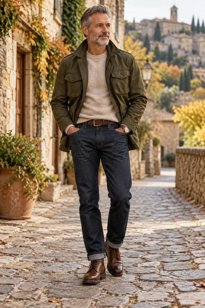Olive Field Jacket With an Oatmeal Sweater and Dark Jeans