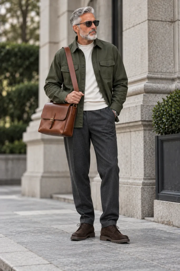 photorealistic menswear image of a 57-year-old man with short silver hair, a tidy gray beard, and a relaxed expression