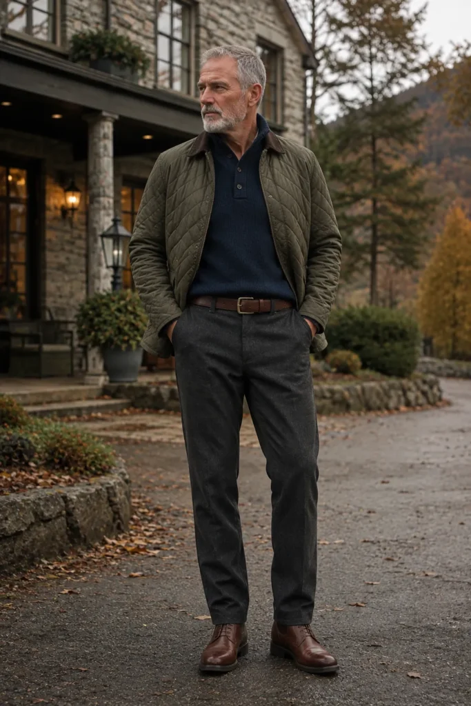 photograph featuring a stylish 66-year-old mature man with a natural broad build, short silver hair, neatly trimmed grey beard
