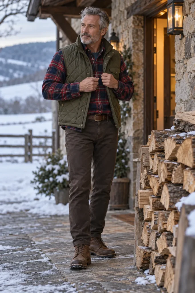 photograph of a mature 57-year-old man with short gray hair and a neatly trimmed beard wearing an olive green quilted vest over a thick red and navy plaid flannel shirt, dark brown chinos
