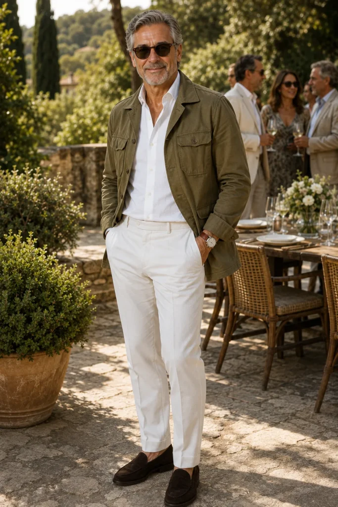photograph of a stylish 60-year-old man at a sophisticated garden birthday celebration