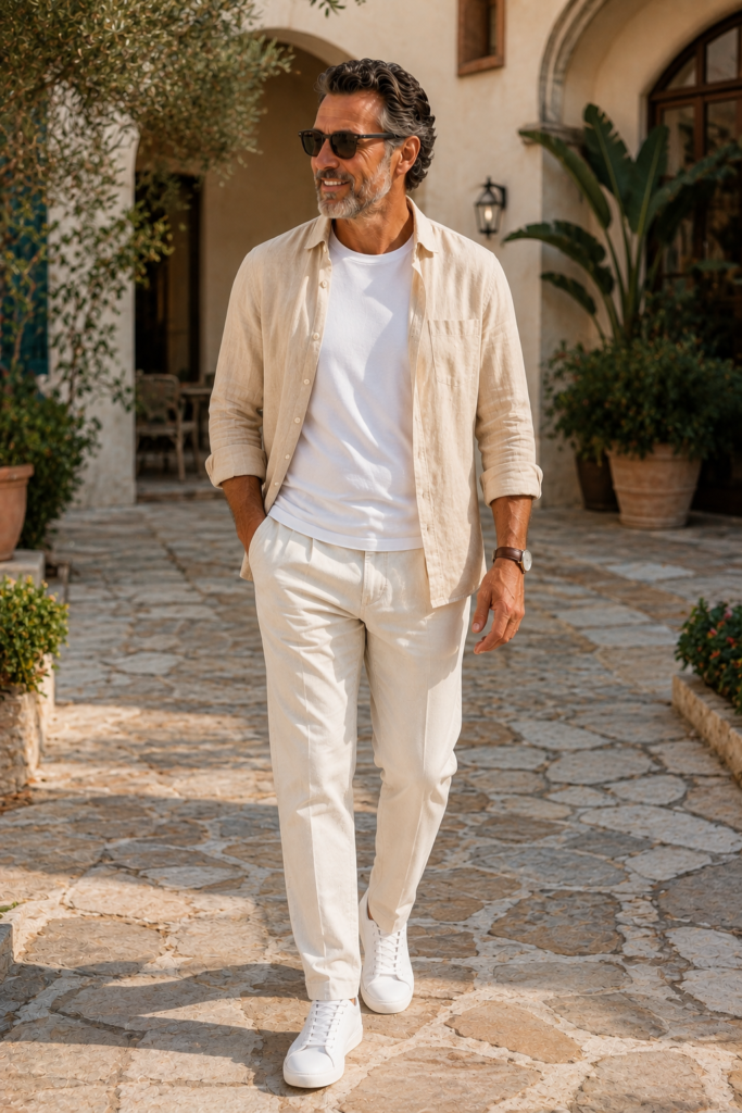 photograph of a stylish 57-year-old man wearing an open lightweight beige linen shirt over a plain white crewneck T-shirt