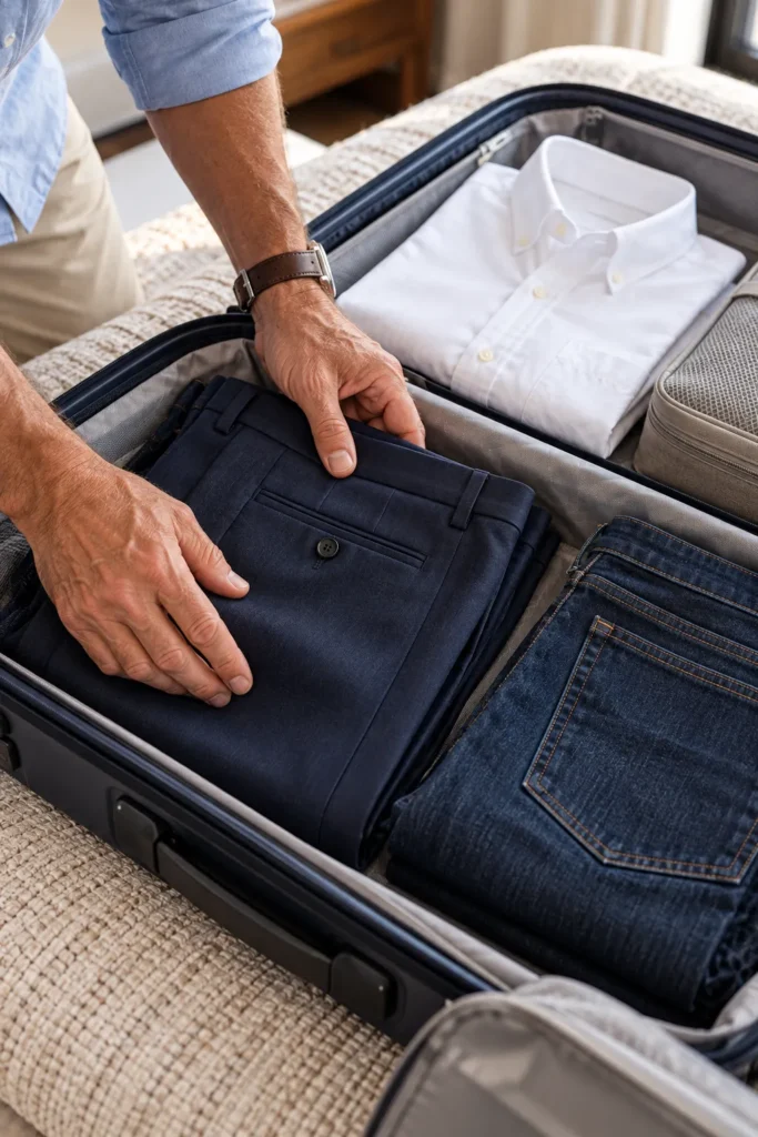 photograph of an open suitcase containing neatly folded navy dress trousers aligned along their natural crease and dark blue jeans folded beside them.