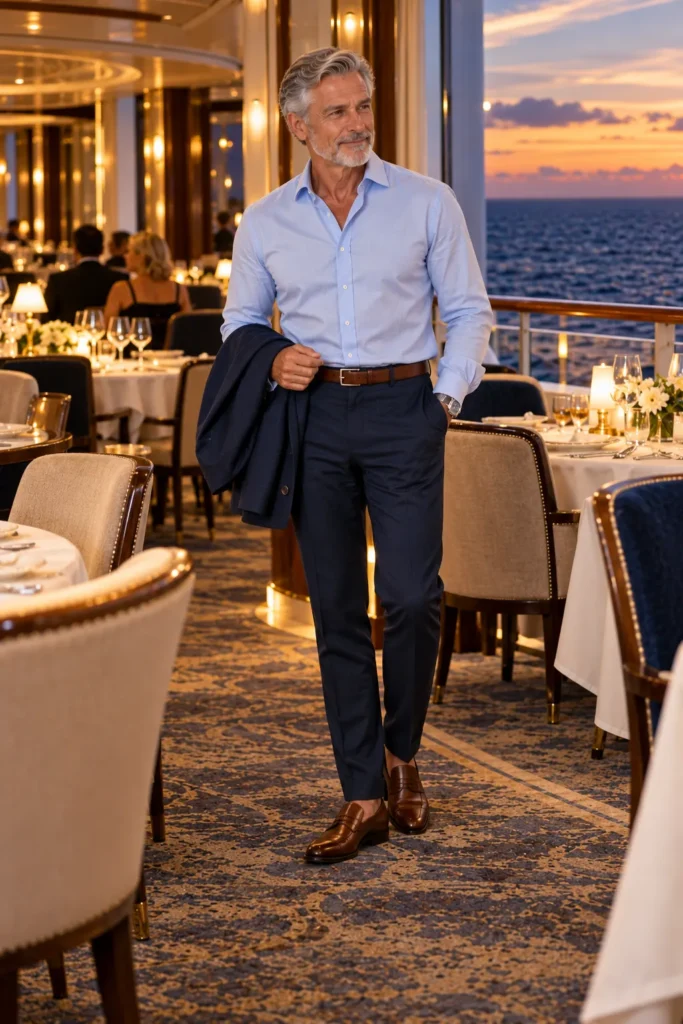photograph featuring a well-dressed 60-year-old man with short silver hair and a neatly groomed gray beard at an elegant cruise ship restaurant on the final evening of a holiday