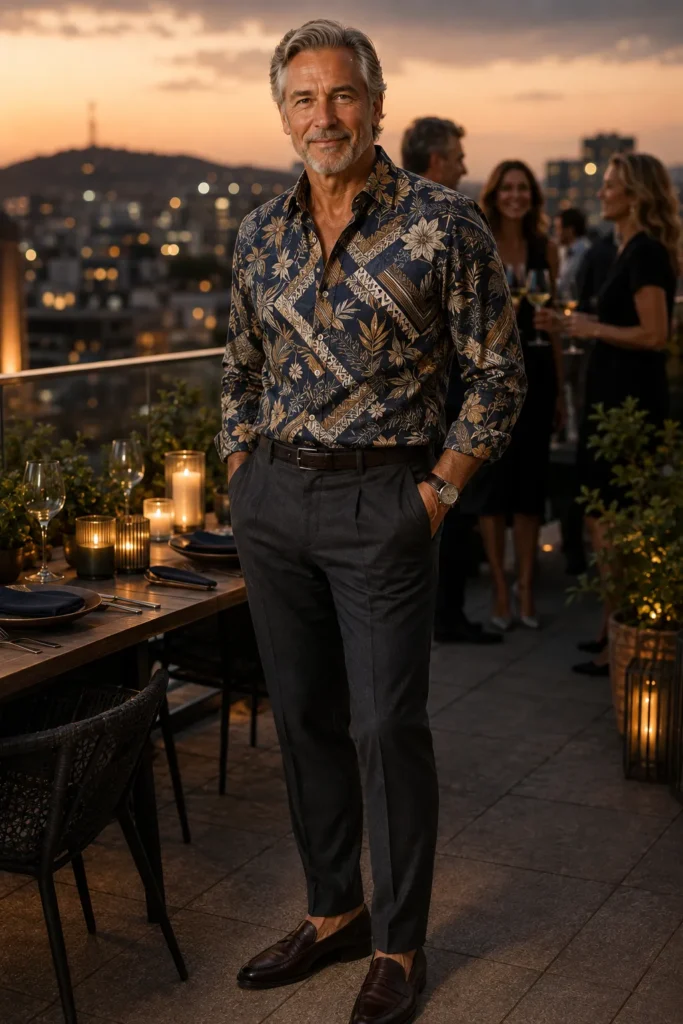 photograph of a distinguished 60-year-old man at a stylish rooftop birthday dinner
