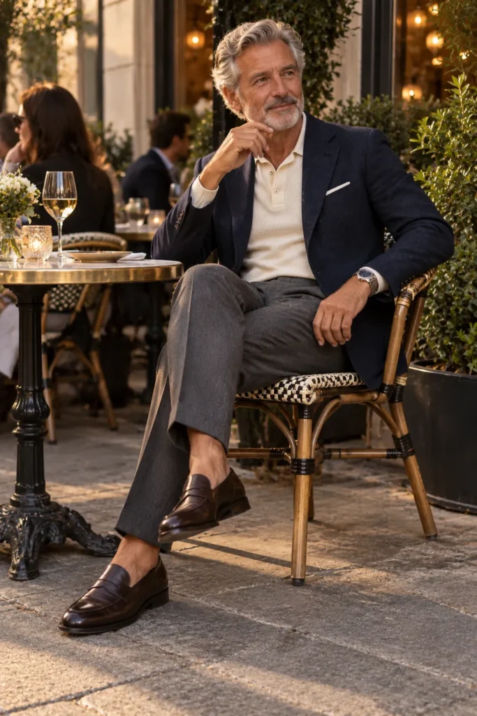 photograph of a stylish man around 61 seated casually at an elegant restaurant terrace