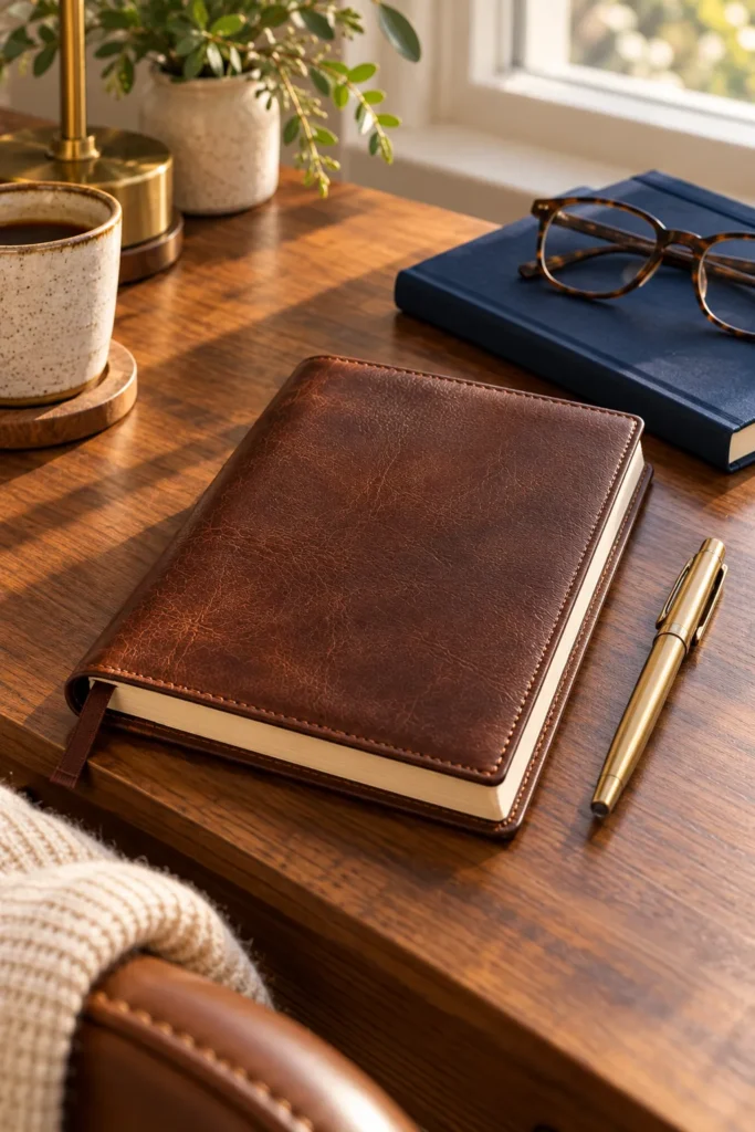 photograph of a dark brown leather-bound journal and a refined metal pen arranged on a warm wooden desk. 