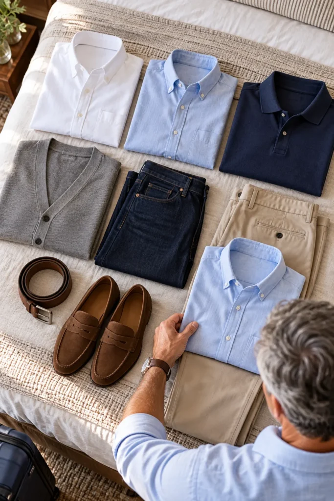 photograph showing a coordinated travel capsule wardrobe in navy