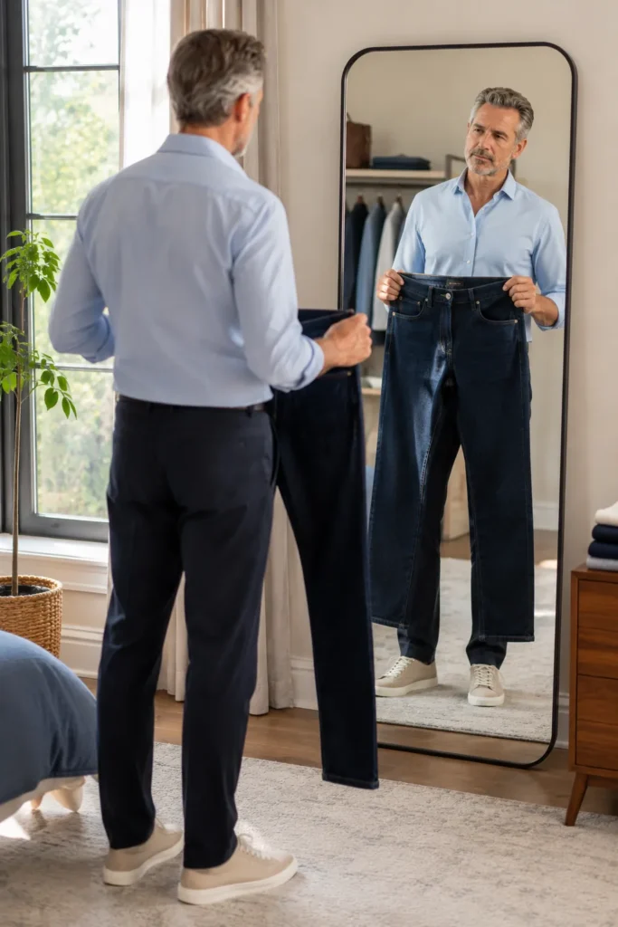 photo of a distinguished man around 55 holding a pair of dark blue straight-leg jeans in front of himself
