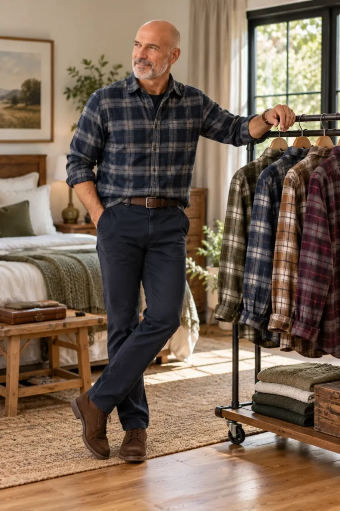 photo showing a mature 60-year-old man with a bald head and neatly trimmed silver-gray beard standing beside a clothing rack displaying several tasteful muted flannel shirts in olive and cream