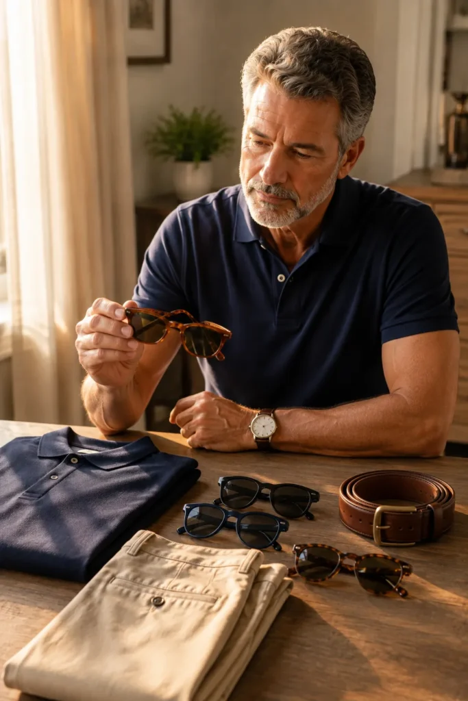 photo representing a mature man choosing between brown, tortoiseshell, black, and dark blue sunglasses,