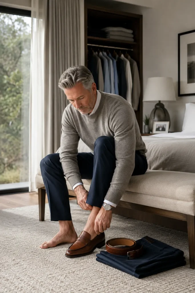 photo of a mature man around 55 sitting on a simple upholstered bench and putting on polished brown leather loafers