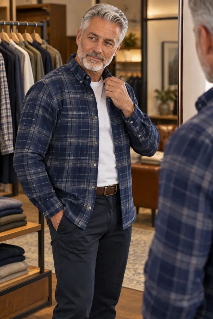 photograph featuring a polished 59-year-old man with short gray hair and a neatly trimmed beard wearing a deep blue button-down flannel shirt over a white crew-neck T-shirt