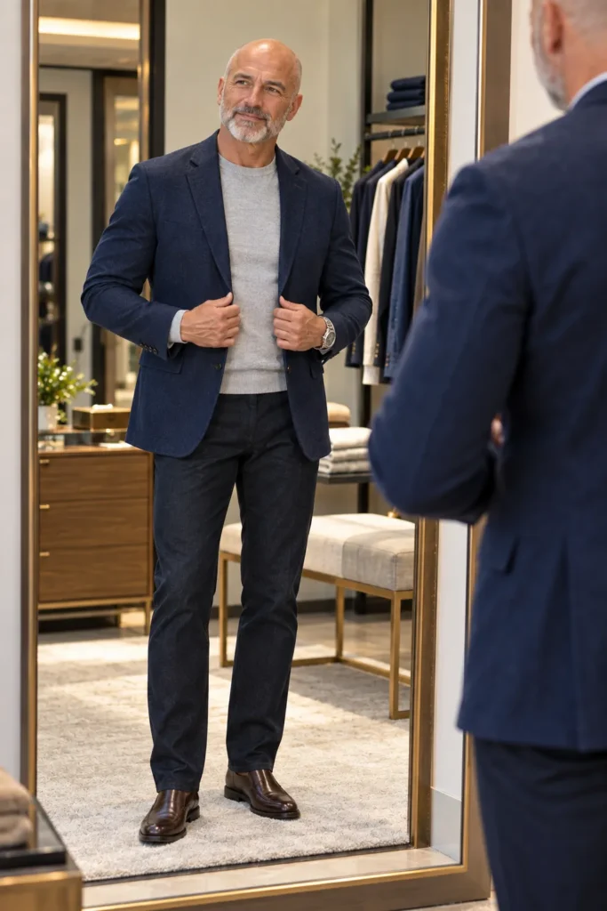 photo of a different bald 60-year-old man with a neatly trimmed salt-and-pepper beard checking the fit of a navy sport coat, dark straight-leg trousers