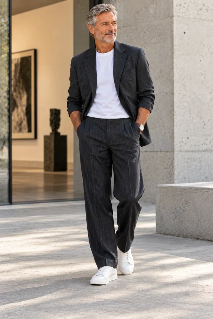 Pinstripe Baggy Suit with a Plain White Tee