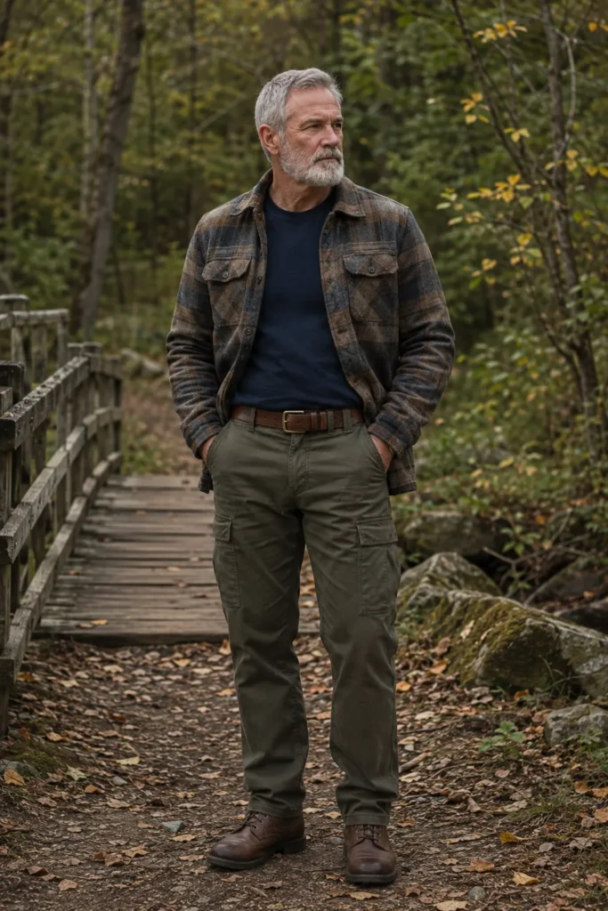 photograph featuring a 65-year-old mature man with a broad natural build, short silver hair, neatly trimmed grey beard