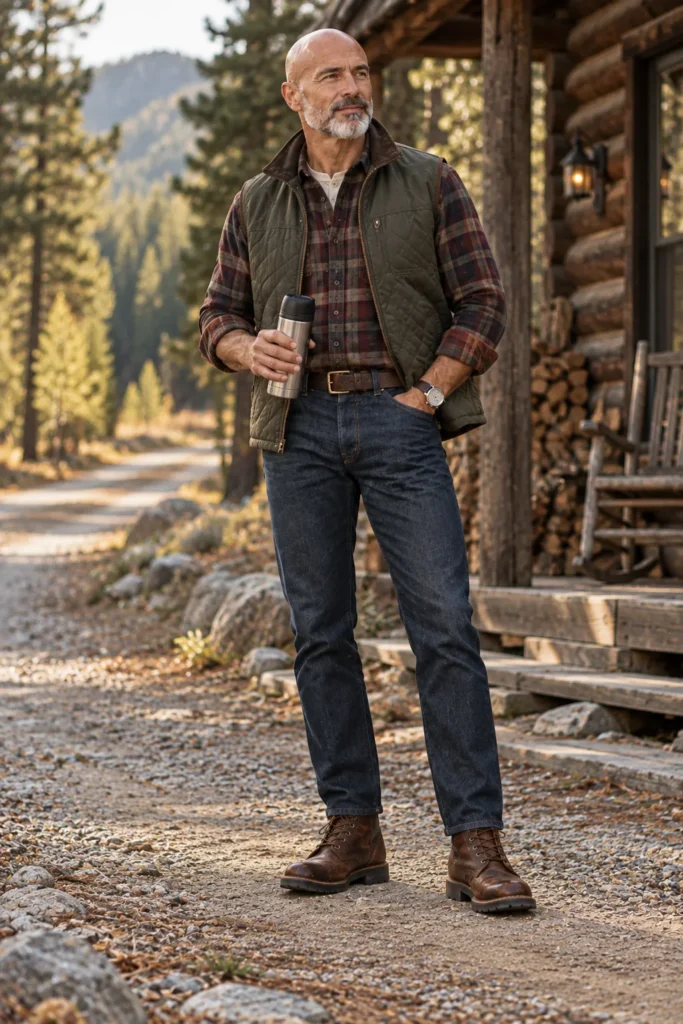 photograph featuring a confident 58-year-old bald man with a short salt-and-pepper beard